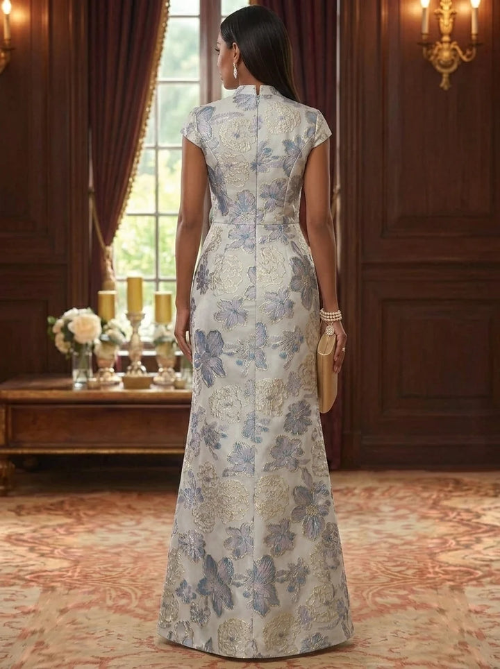A-Line/Princess V-Neck Jacquard Mother of the Bride Dresses Floor-Length Short Sleeves with 3D Flower&amp;Split Side