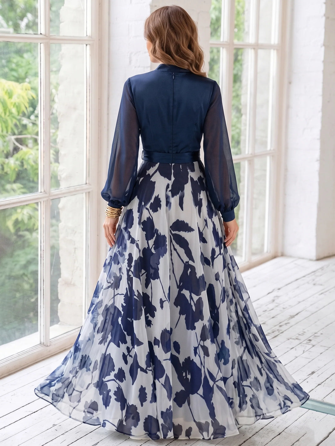 A-Line/Princess V-Neck Floral Chiffon Mother of the Bride Dresses Floor-Length Long Sleeves with Belt