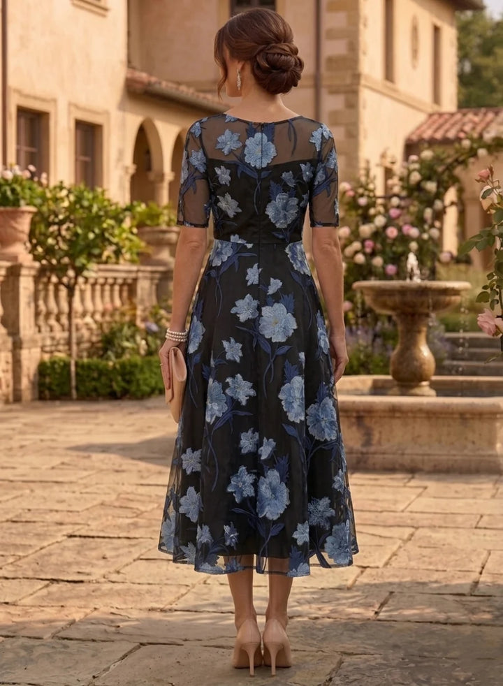 A-Line/Princess Scoop Chiffon Floral Mother of the Bride Dresses Tea-Length Short Sleeves