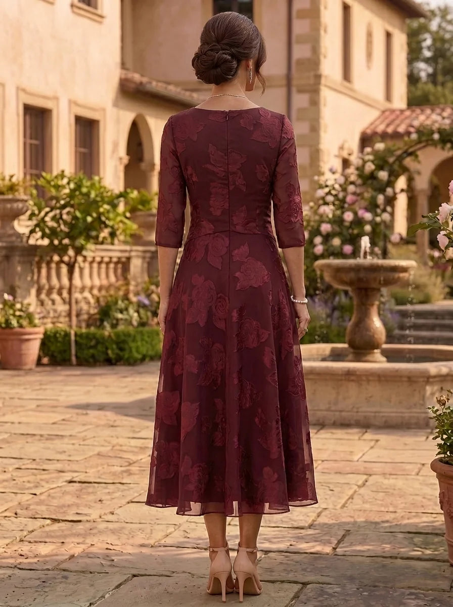 A-Line/Princess V-Neck Mother of the Bride Dresses Floral Burnout Tea-Length Ruched 3/4 Sleeves