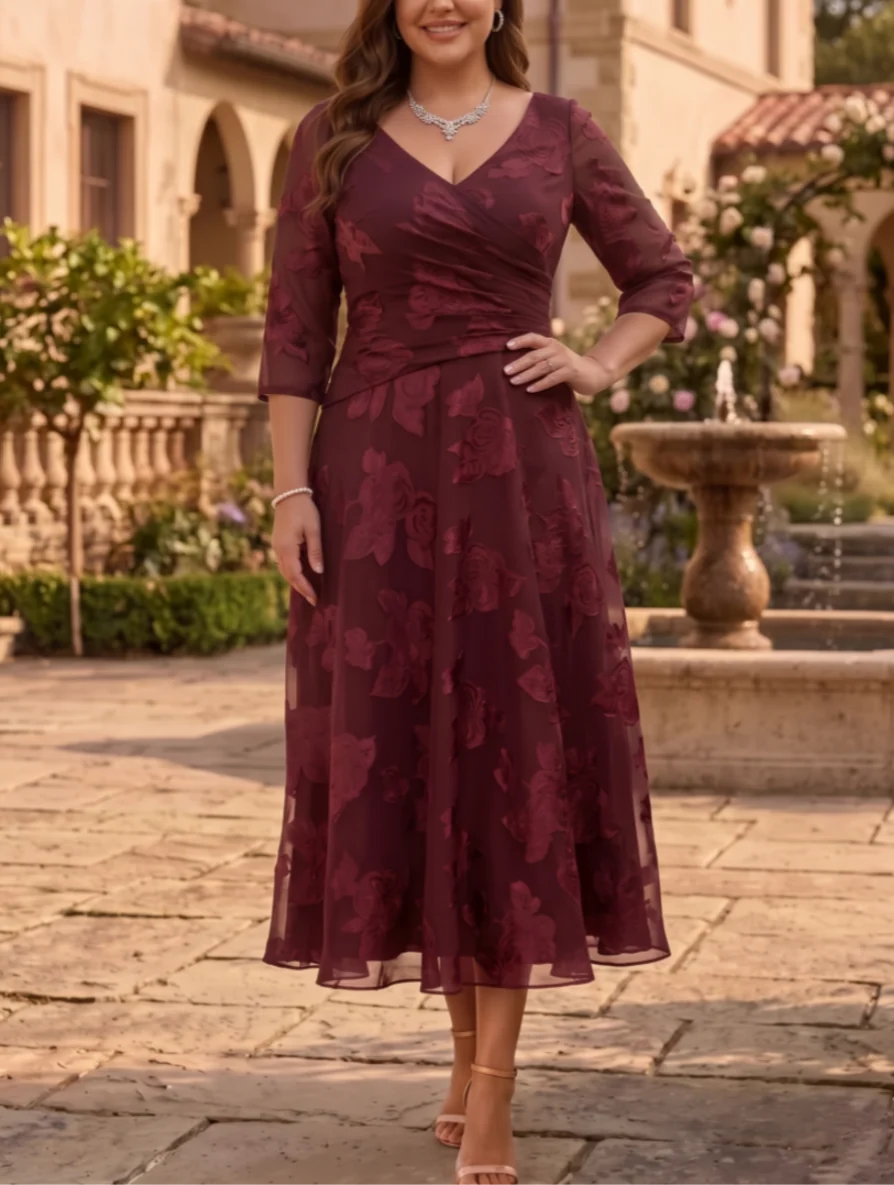 A-Line/Princess V-Neck Plus Size Mother of the Bride Dresses Floral Burnout Tea-Length Ruched 3/4 Sleeves
