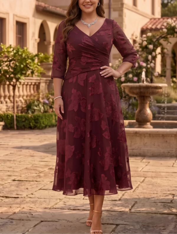 A-Line/Princess V-Neck Plus Size Mother of the Bride Dresses Floral Burnout Tea-Length Ruched 3/4 Sleeves