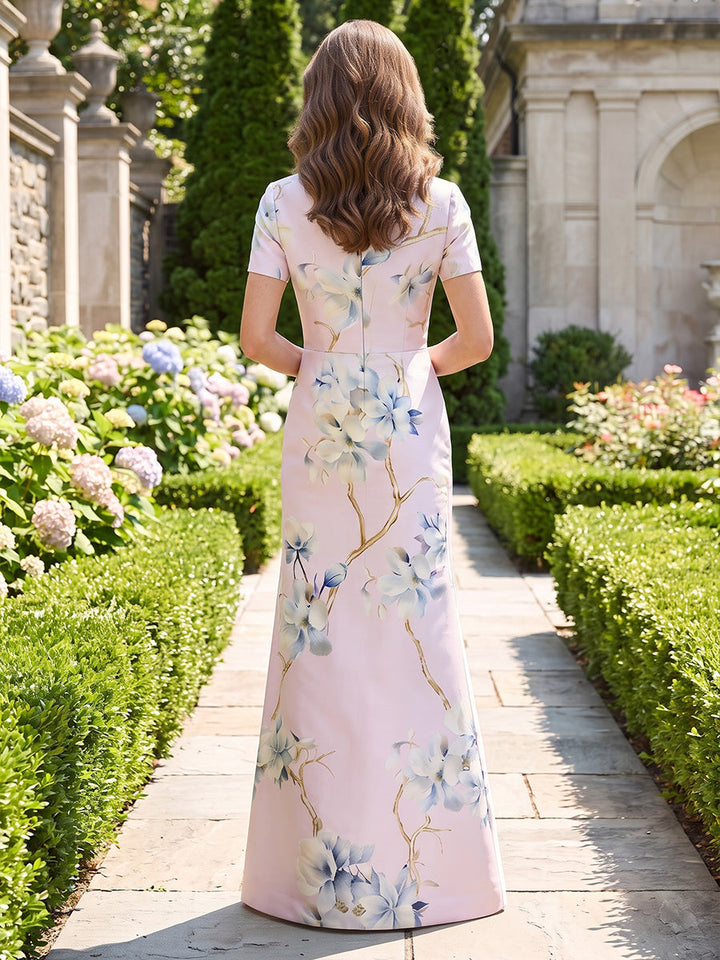 Sheath/Column Scoop Printed Satin Mother of the Bride Dresses Floor-Length Short Sleeves Floral