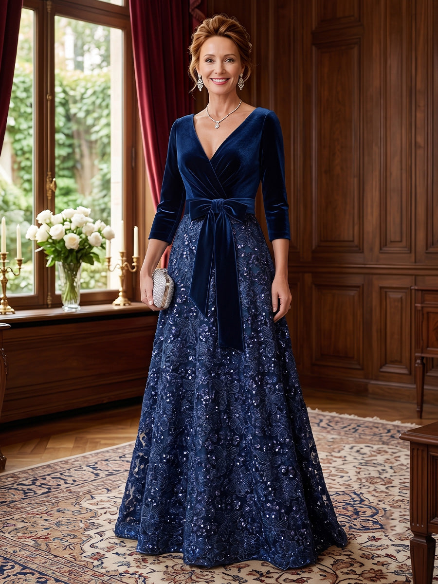 A-Line/Princess V-Neck Velvet Mother of the Bride Dresses Sequins Floor-Length 3/4 Sleeves Bowknot