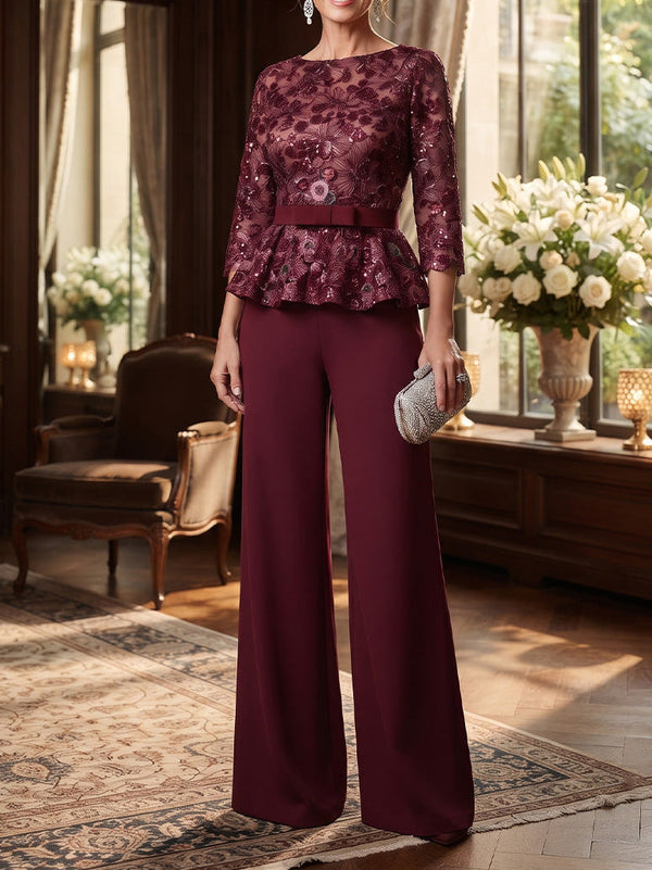2 Pieces Scoop Chiffon Mother of the Bride Pantsuits Floral Floor-Length 3/4 Sleeves