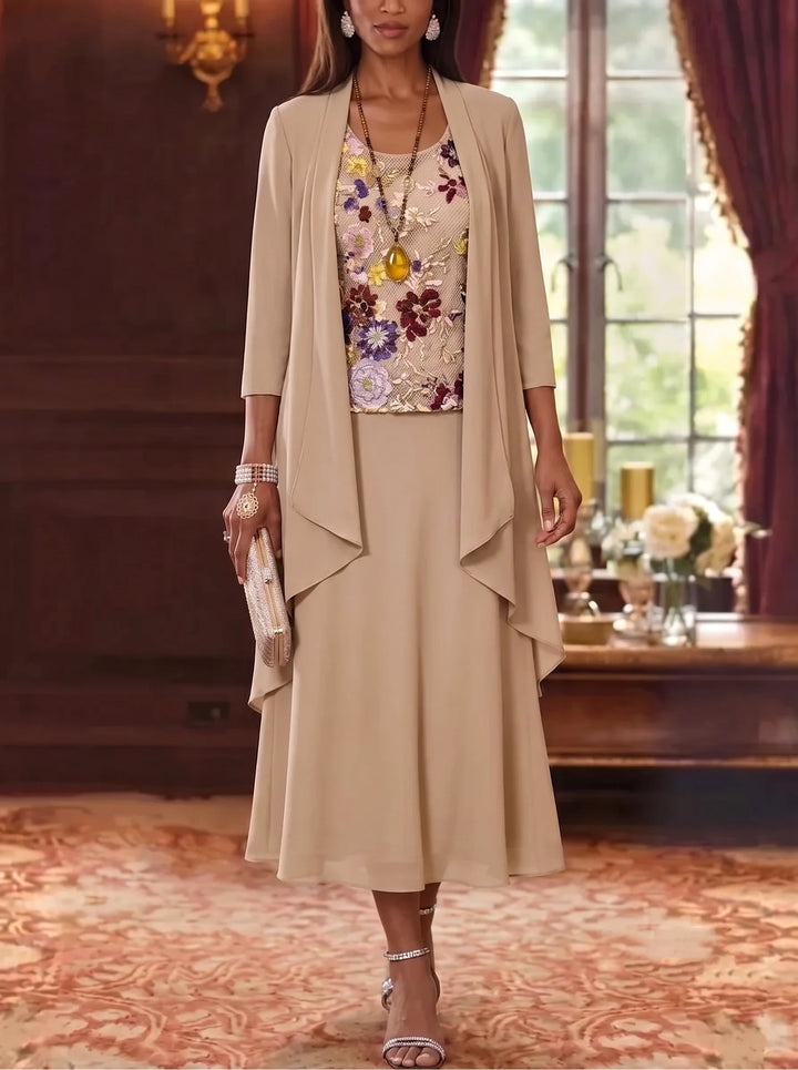 3 Pieces A-Line/Princess Scoop Chiffon Mother of the Bride Dresses Lace Embroidery 3/4 Sleeves Tea-Length