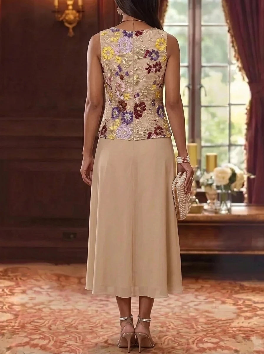 3 Pieces A-Line/Princess Scoop Chiffon Mother of the Bride Dresses Lace Embroidery 3/4 Sleeves Tea-Length
