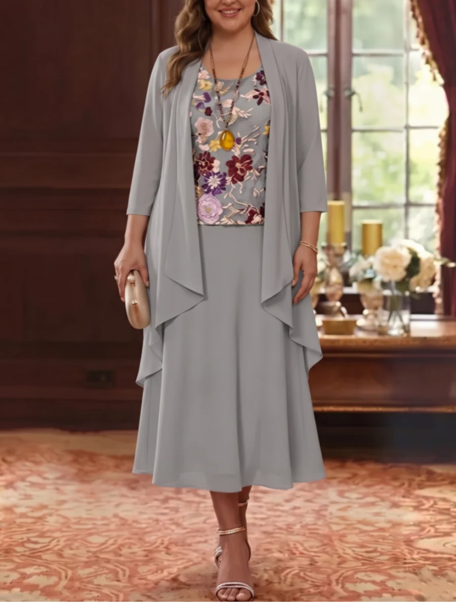 2 Pieces A-Line/Princess Scoop Chiffon Plus Size Mother of the Bride Dresses Lace Embroidery 3/4 Sleeves Tea-Length