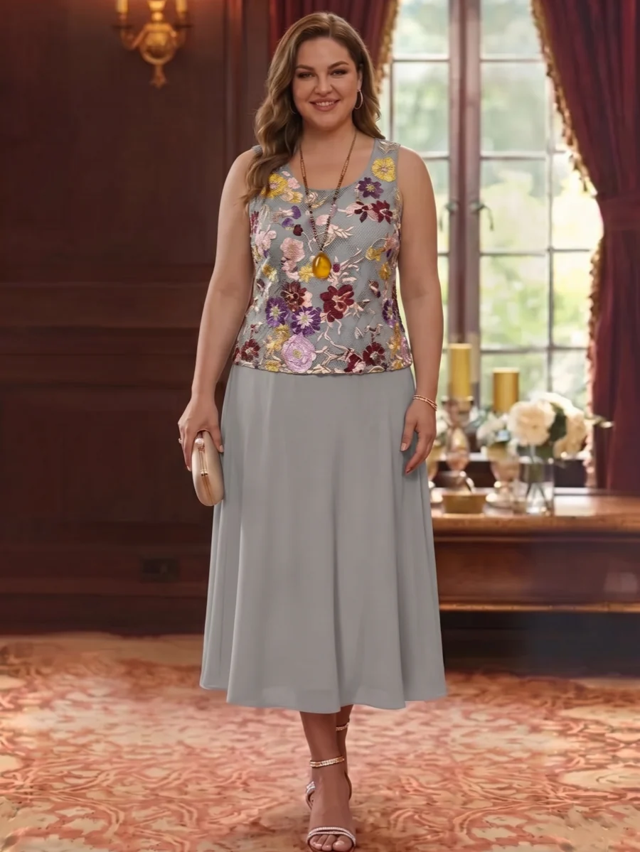2 Pieces A-Line/Princess Scoop Chiffon Plus Size Mother of the Bride Dresses Lace Embroidery 3/4 Sleeves Tea-Length