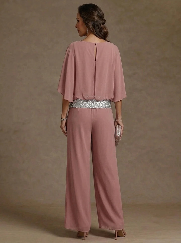2 Pieces Chiffon Scoop Mother of the Bride Pantsuits Floor-Length Sequins 3/4 Sleeves