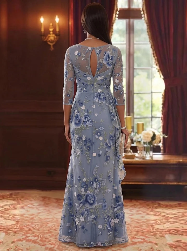 Sheath/Column Scoop Chiffon Floral Mother of the Bride Dresses Floor-Length 3/4 Sleeves Ruffles