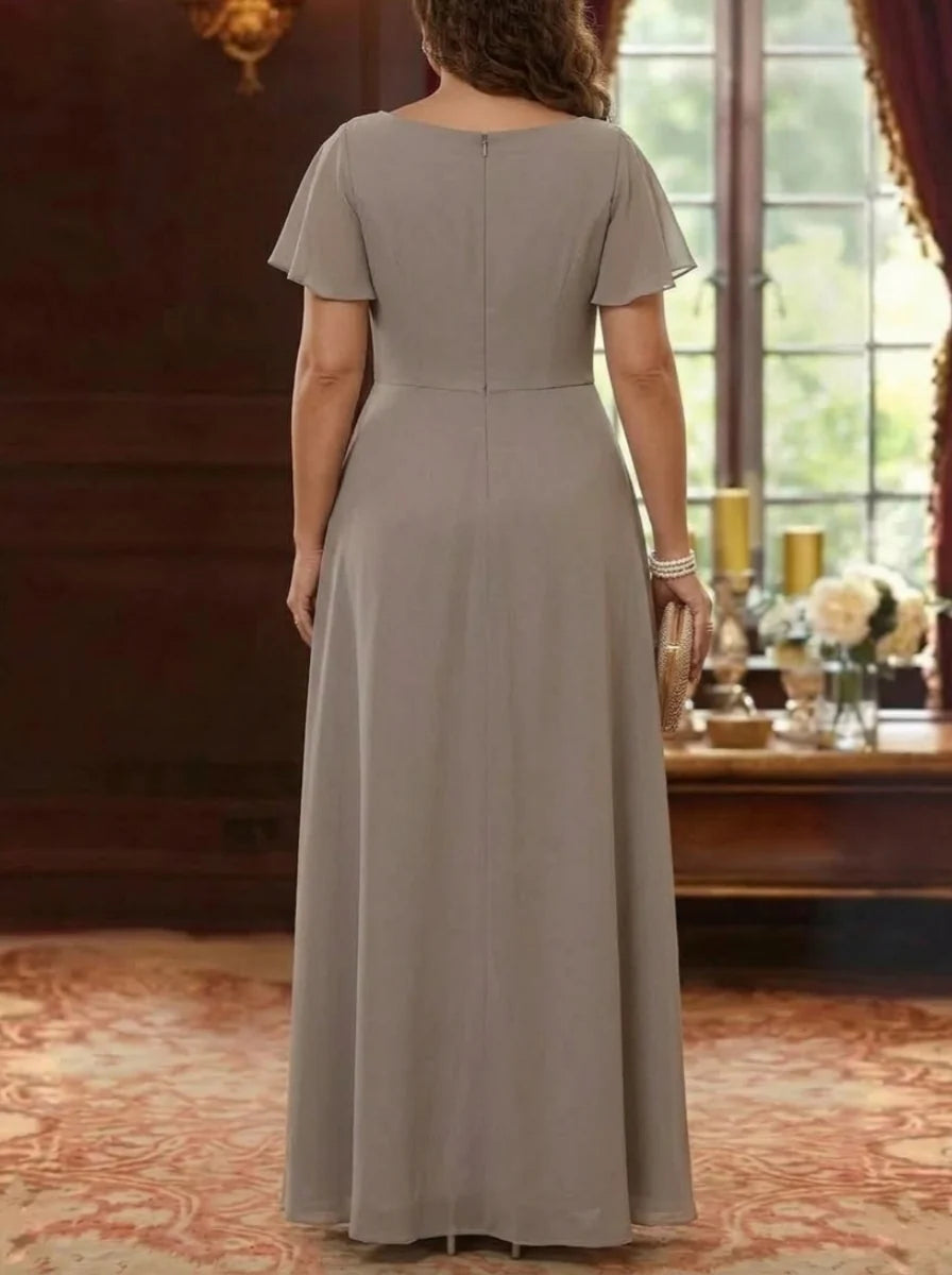 A-Line/Princess Cowl Neck Chiffon Plus Size Mother of the Bride Dresses Floral Short Sleeves Floor-Length Ruffles