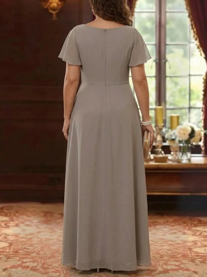 A-Line/Princess Cowl Neck Chiffon Plus Size Mother of the Bride Dresses Floral Short Sleeves Floor-Length Ruffles