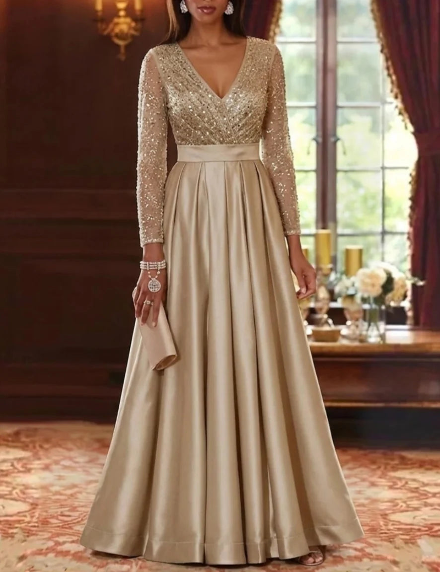 A-Line/Princess V-Neck Satin Mother of the Bride Dresses Sequins Long Sleeves Floor-Length