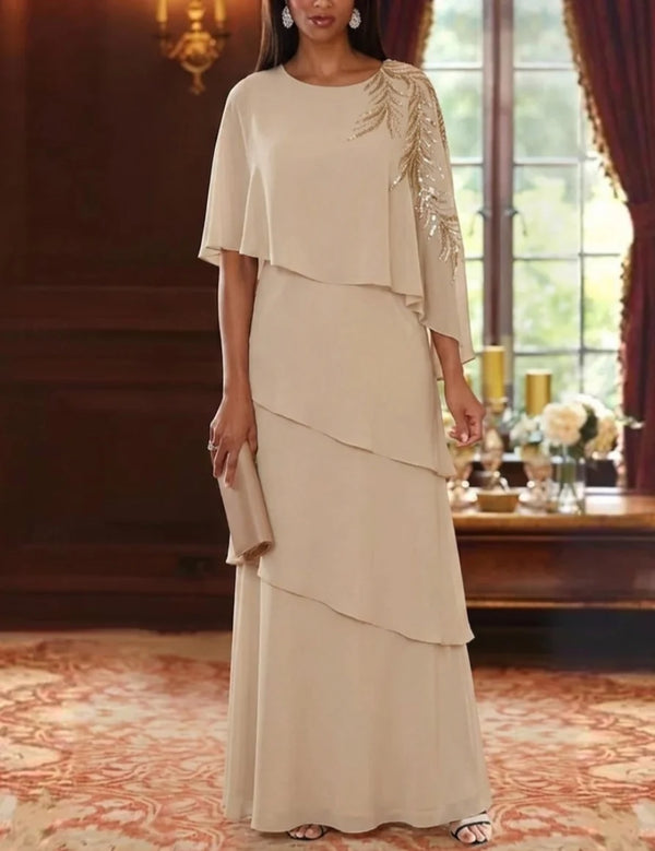A-Line/Princess Scoop Chiffon Mother of the Bride Dresses Lace Sequins Cape Sleeves Ruffles Floor-Length