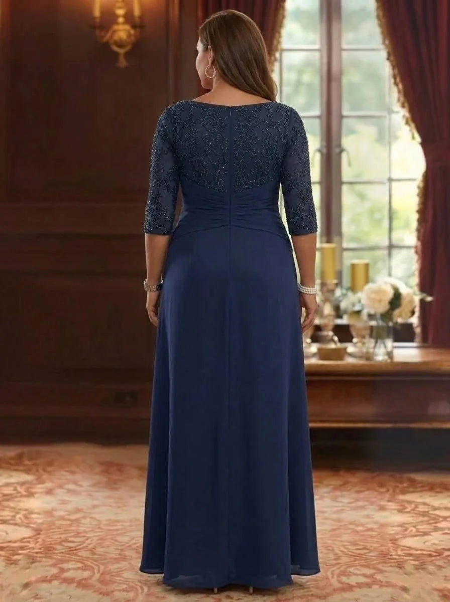 A-Line/Princess Scoop Chiffon Plus Size Mother of the Bride Dresses Lace Sequins 3/4 Sleeves Ruffles Floor-Length