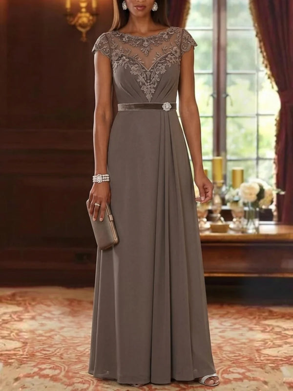 A-Line/Princess Scoop Chiffon Mother of the Bride Dresses Lace Cap Sleeves Floor-Length Ruffles