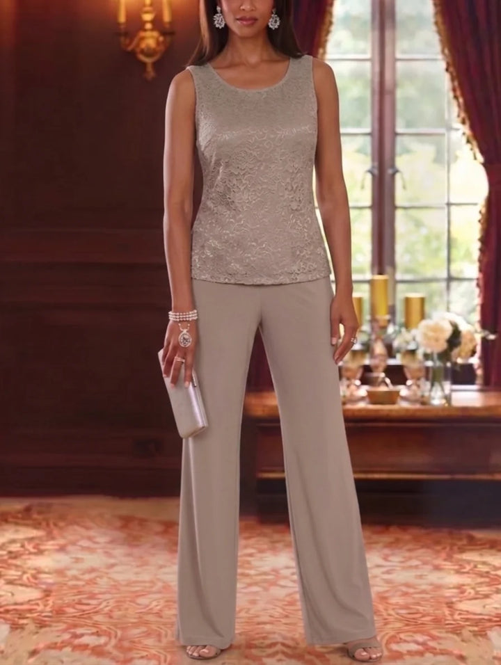 3 Pieces Scoop Chiffon Mother of the Bride Pantsuits with Jacket Lace 3/4 Sleeves Floor-Length
