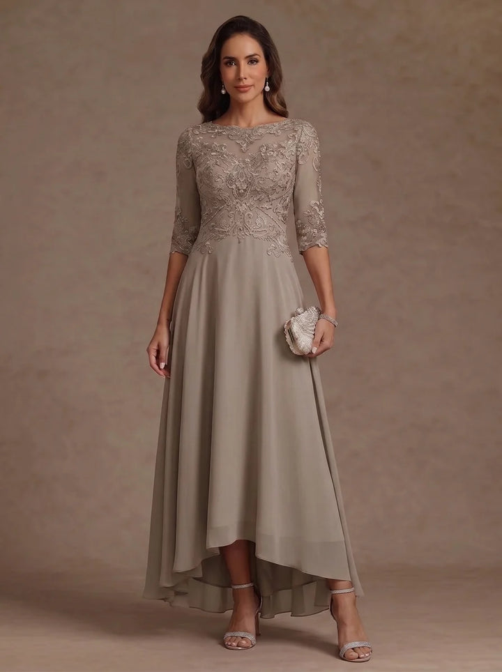 A-Line/Princess Scoop Chiffon Mother of the Bride Dresses Lace Asymmetrical Ankle-Length 3/4 Sleeves