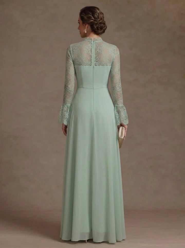 Jumpsuit Mock Neck Chiffon Mother of the Bride Pantsuits with Overskirt Lace Floor-Length Long Sleeves