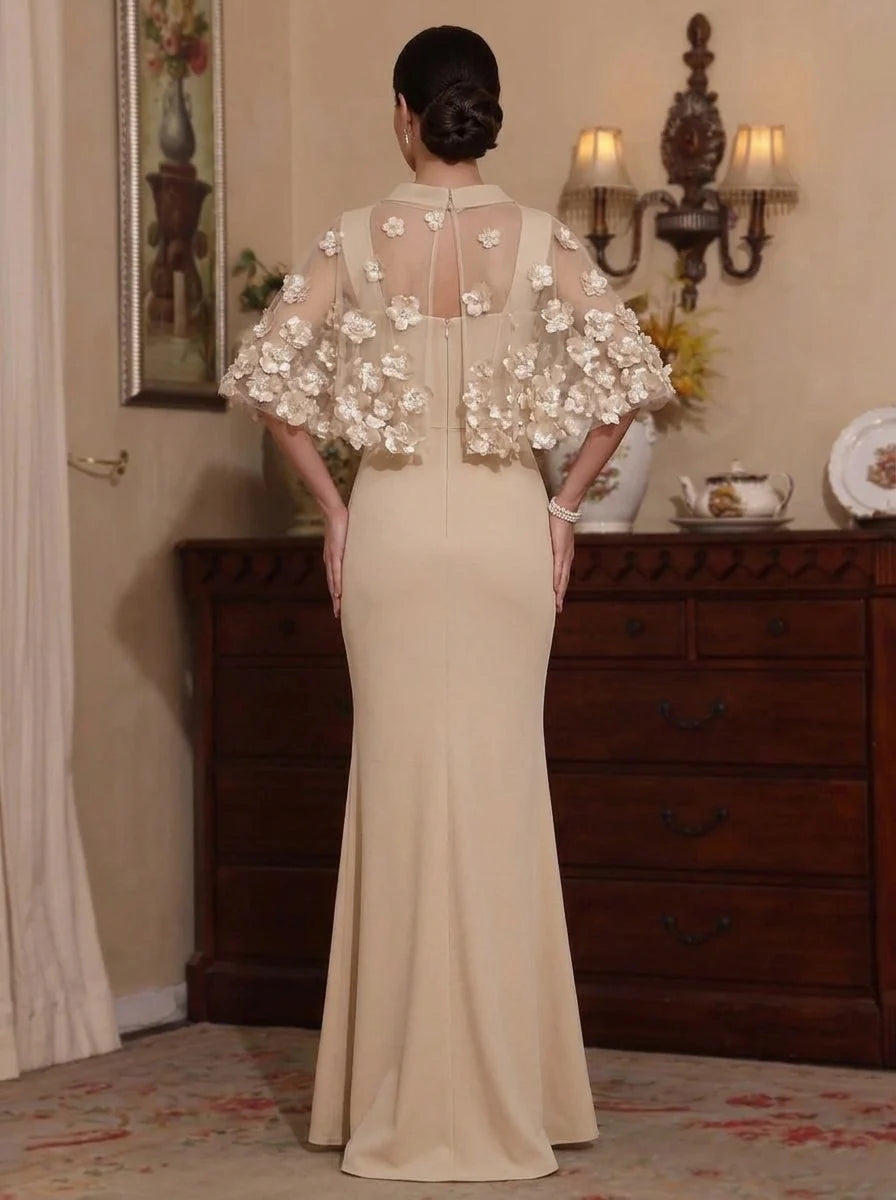 2 Pieces Sheath/Column Scoop Stretch Satin Mother of the Bride Dresses with 3D Flower Floor-Length Cape Sleeves
