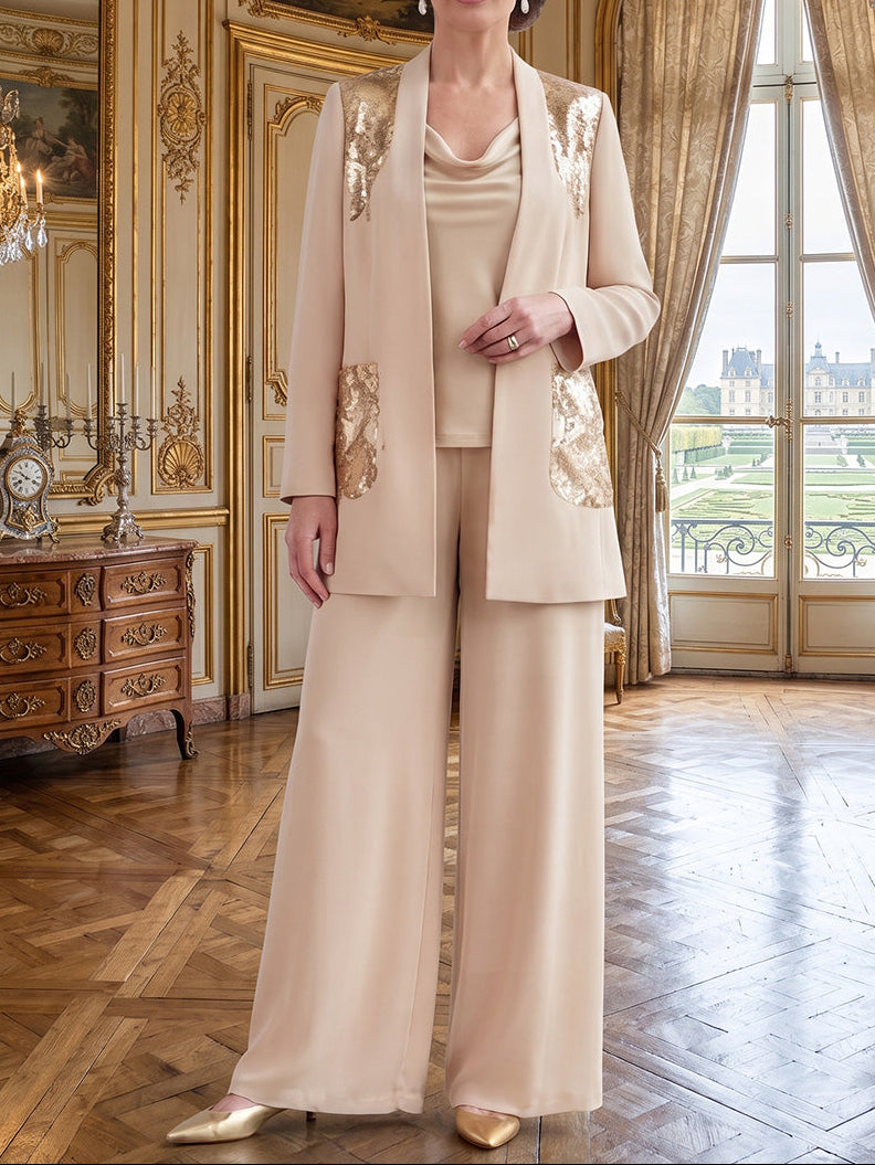 3 Pieces Cowl Neck Chiffon Mother of the Bride Pantsuits Sequins Ankle-Length Long Sleeves&amp;Sleeveless