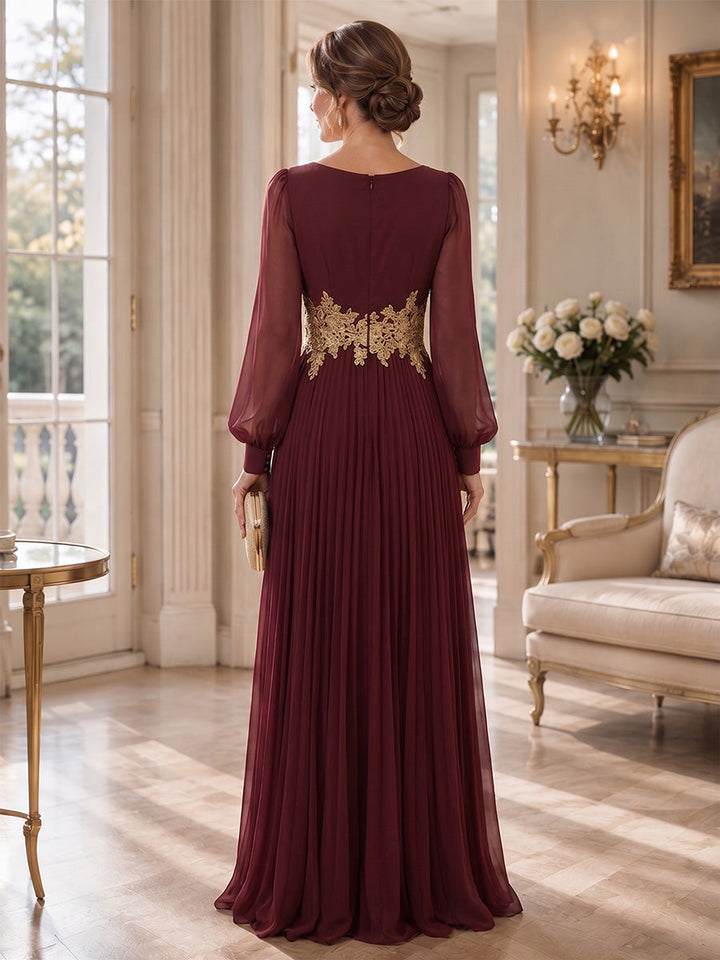 A-Line/Princess V-Neck Chiffon Mother of the Bride Dresses Embroidery Long Sleeves Floor-Length