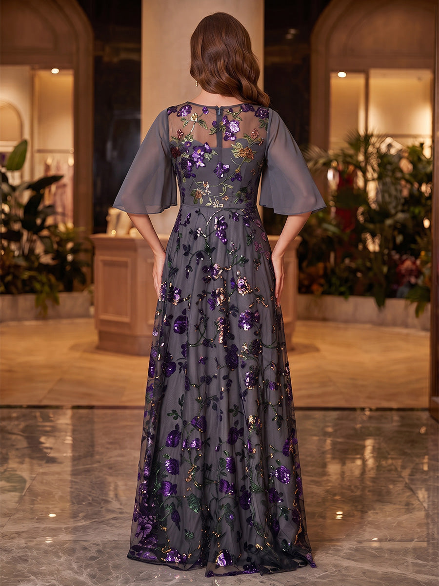 A-Line/Princess Scoop Chiffon Mother of the Bride Dresses Sequins Cape Sleeves Floor-Length