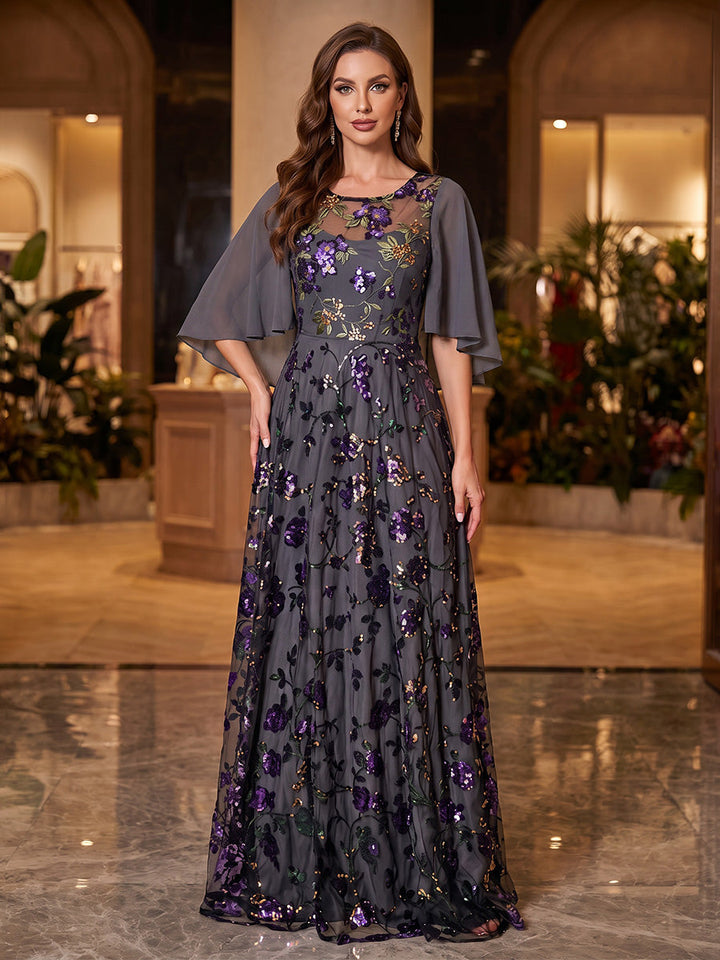 A-Line/Princess Scoop Chiffon Mother of the Bride Dresses Sequins Cape Sleeves Floor-Length