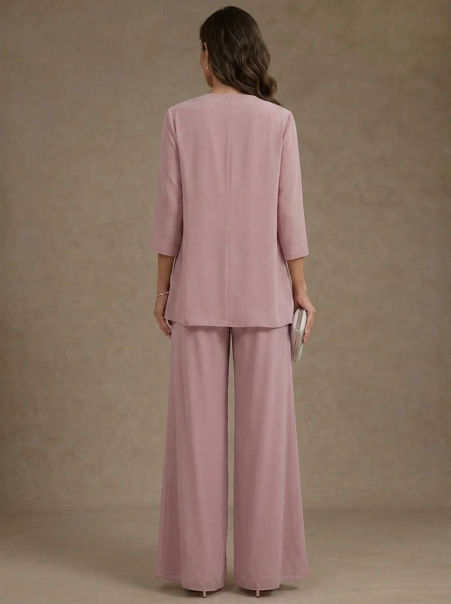3 Pieces Chiffon Scoop Mother of the Bride Pantsuits with Jacket Ankle-Length Lace Floral 3/4 Sleeves