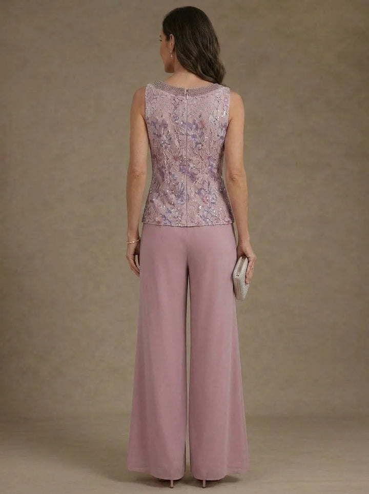 3 Pieces Chiffon Scoop Mother of the Bride Pantsuits with Jacket Ankle-Length Lace Floral 3/4 Sleeves