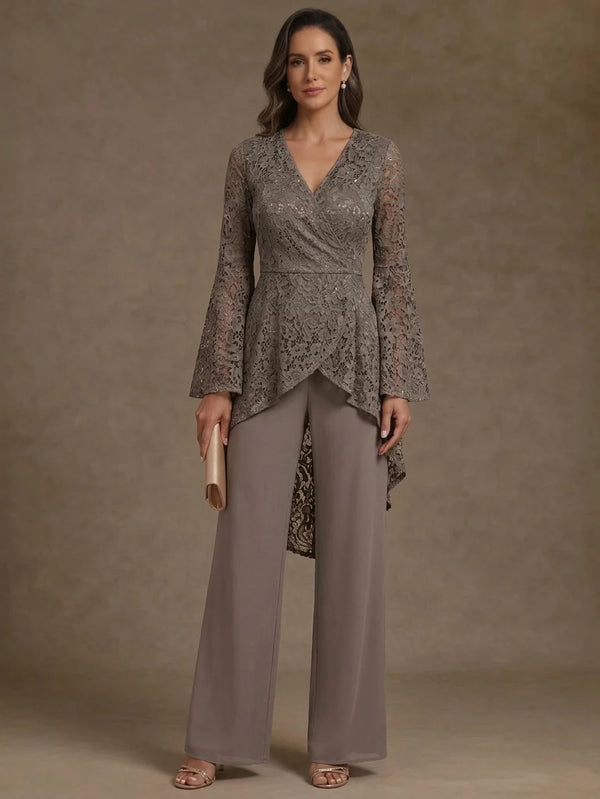 2 Pieces V-Neck Mother of the Bride Pantsuits Ankle-Length Lace Floral Long Sleeves