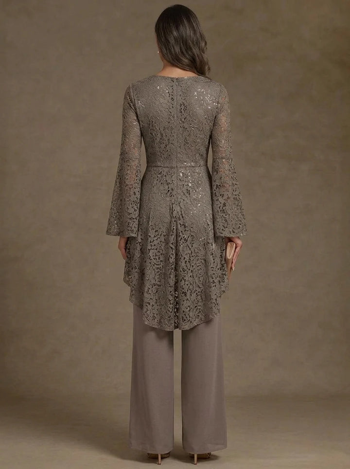2 Pieces V-Neck Mother of the Bride Pantsuits Ankle-Length Lace Floral Long Sleeves