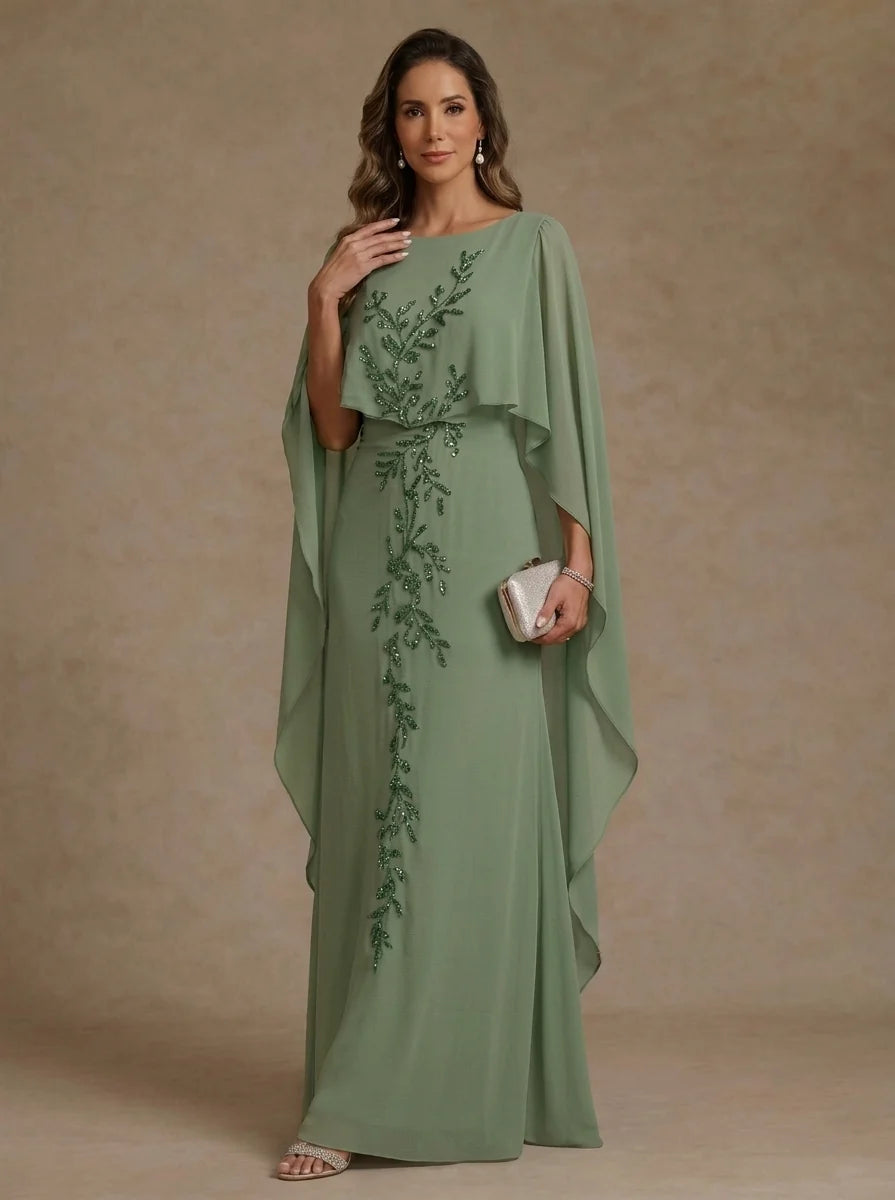 A-Line/Princess Scoop Chiffon Mother of the Bride Dresses Floral Sequins Floor-Length Cape Sleeves