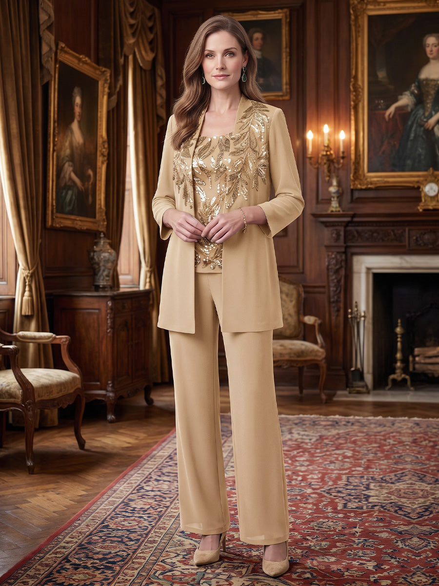3 Pieces Scoop Chiffon Mother of the Bride Pantsuits Sequins 3/4 Sleeves Ankle-Length