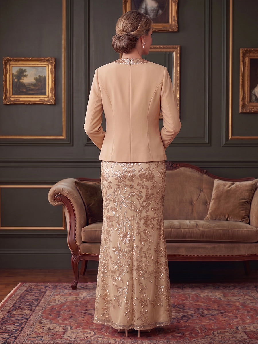 2 Pieces Sheath/Column Scoop Stretch Satin Mother of the Bride Dresses Sequins Long Sleeves Ankle-Length