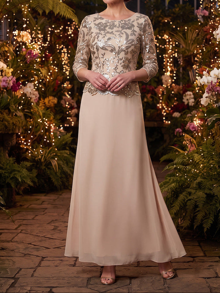 A-Line/Princess Scoop Chiffon Mother of the Bride Dresses Sequins 3/4 Sleeves Ankle-Length