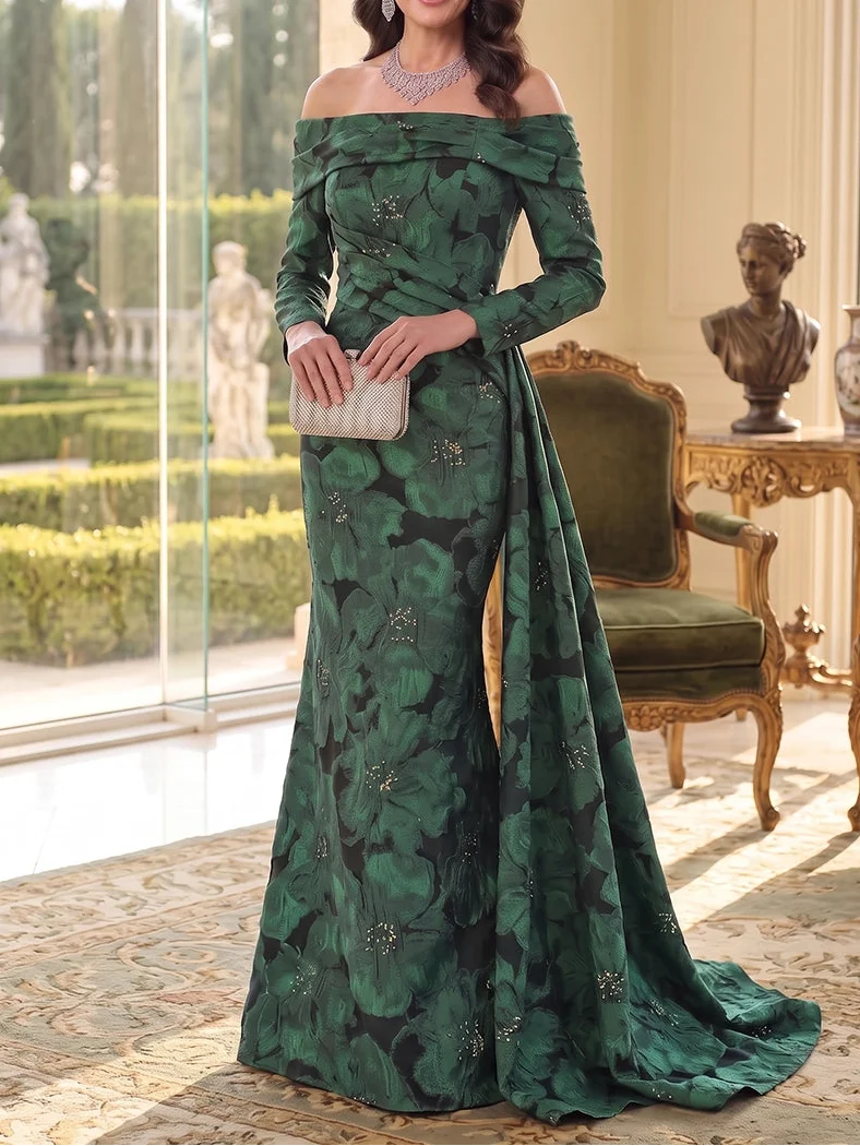 Trumpet/Mermaid Off-the-Shoulder Jacquard Mother of the Bride Dresses Sequins Long Sleeves Floor-Length