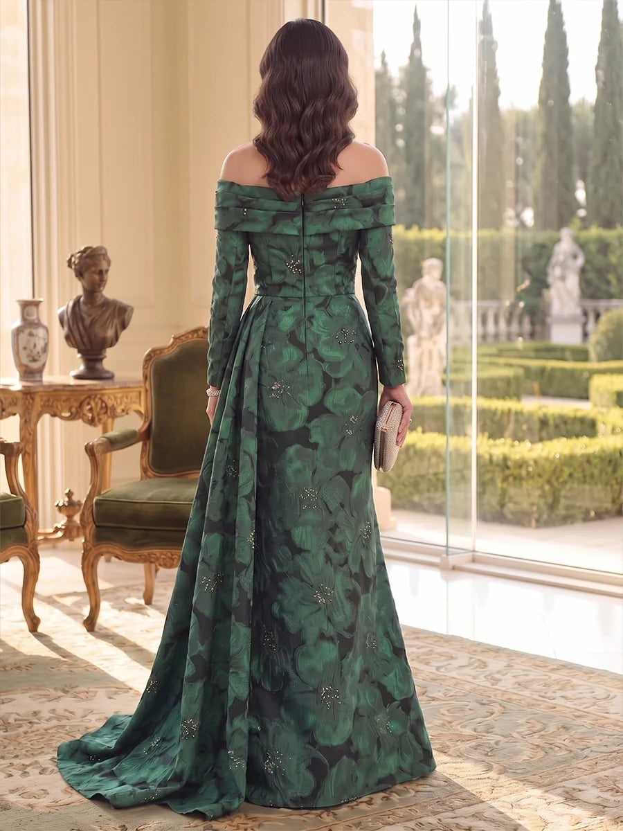 Trumpet/Mermaid Off-the-Shoulder Jacquard Mother of the Bride Dresses Sequins Long Sleeves Floor-Length