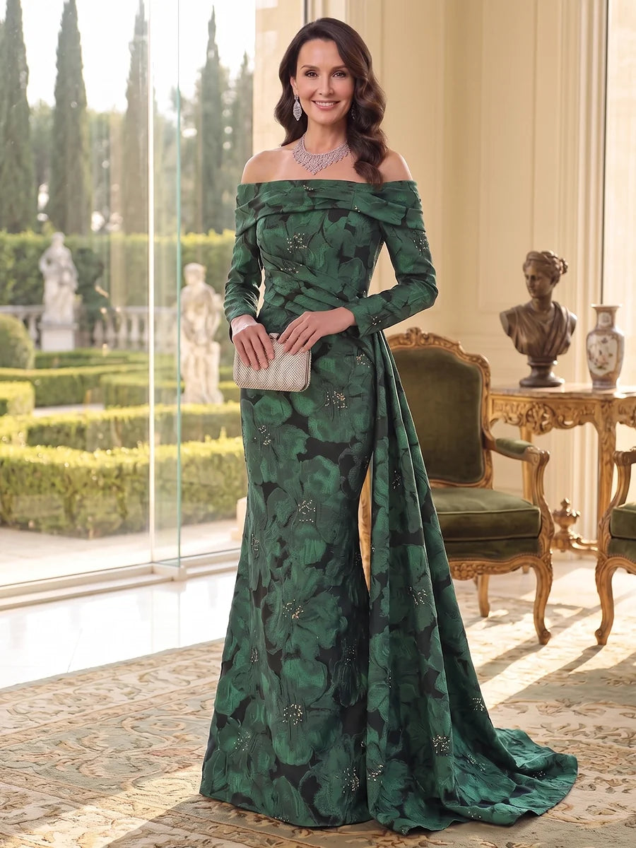 Trumpet/Mermaid Off-the-Shoulder Jacquard Mother of the Bride Dresses Sequins Long Sleeves Floor-Length
