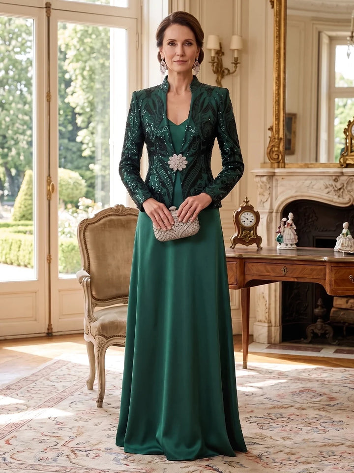 2 Pieces A-Line/Princess V-Neck Satin Mother of the Bride Dresses Sequins Long Sleeves Floor-Length