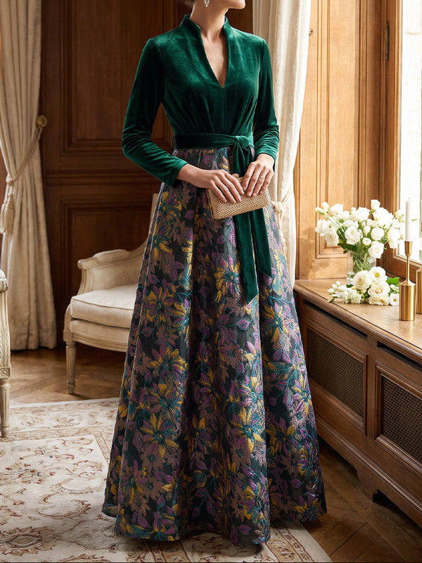 A-Line/Princess V-Neck Velvet Mother of the Bride Dresses Long Sleeves Floor-Length With Bowknot
