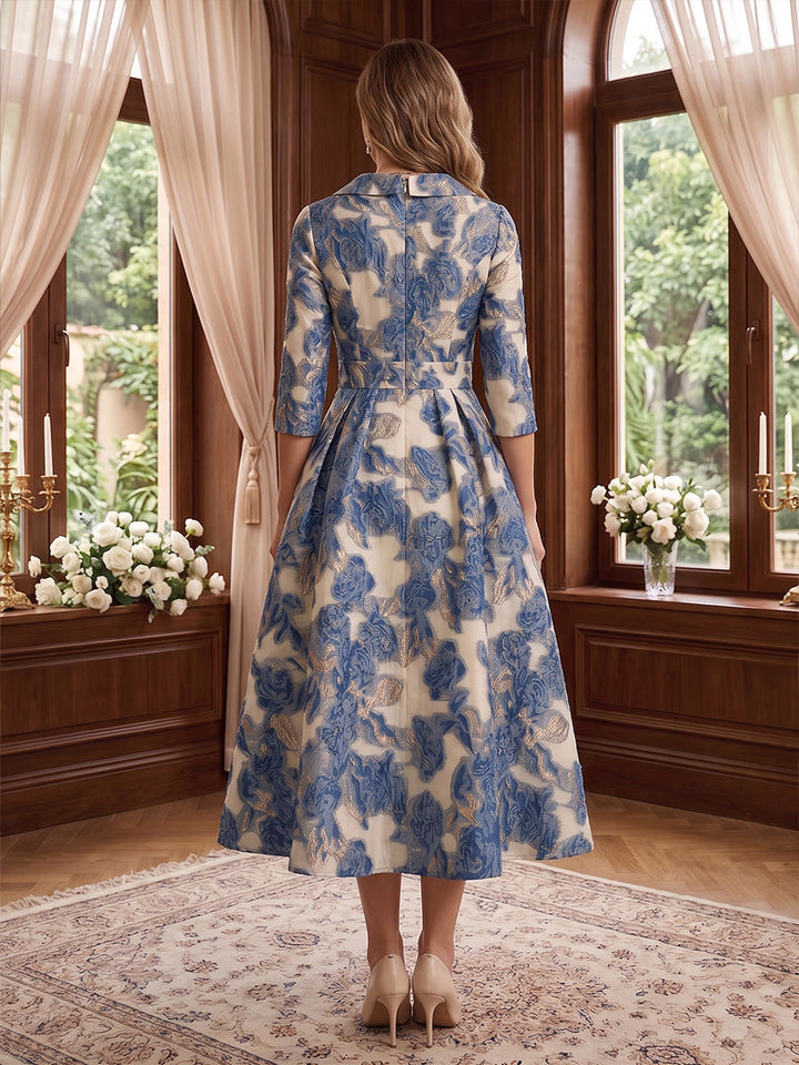 A-Line/Princess V-Neck Jacquard Mother of the Bride Dresses Floral 3/4 Sleeves Tea-Length