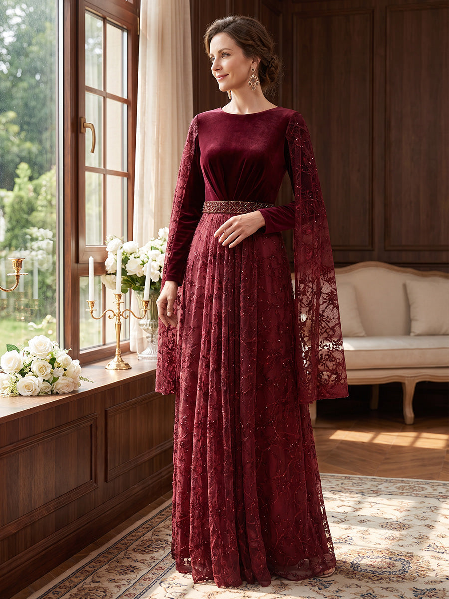 A-Line/Princess Boat Neck Velvet Mother of the Bride Dresses Sequins Cape Sleeves Floor-Length