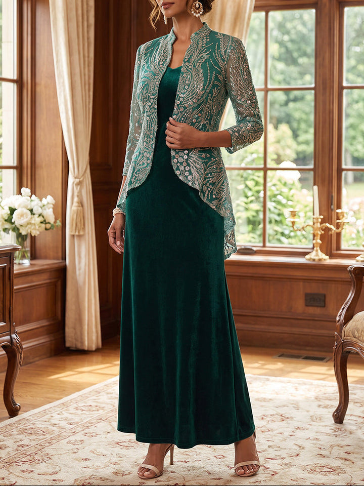 2 Pieces A-Line/Princess V-Neck Velvet Mother of the Bride Dresses Sleeveless &amp; 3/4 Sleeves Ankle-Length Sequins