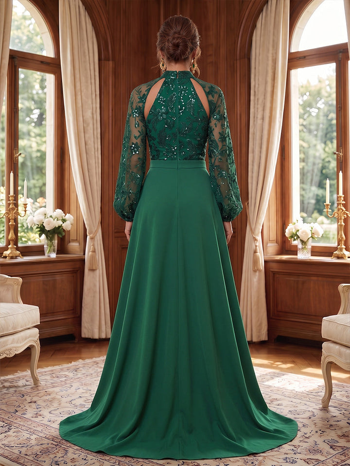 Mock Neck Stretch Satin Mother of the Bride Jumpsuits Long Sleeves Floor-Length Sequins With Overskirt