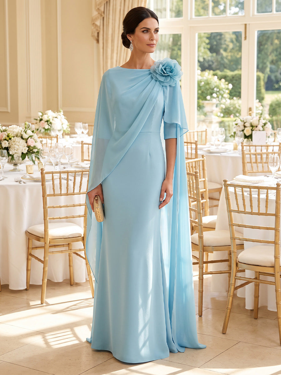 A-Line/Princess Scoop Chiffon Mother of the Bride Dresses with 3D Flowers Cape Sleeves Floor-Length