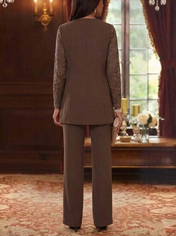 3 Pieces Scoop Chiffon Mother of the Bride Pantsuits Long Sleeves Floor-Length Lace Floral