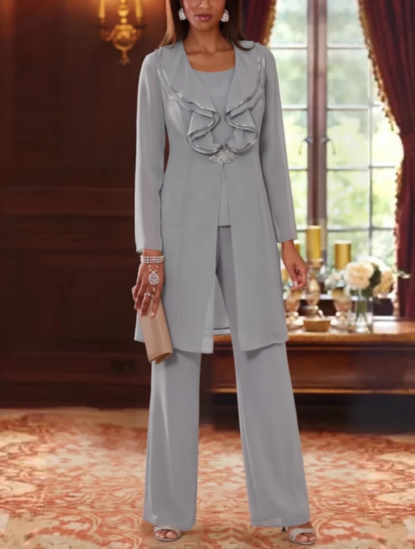 3 Pieces Scoop Chiffon Mother of the Bride Pantsuits with Jacket Long Sleeves Floor-Length Ruffles