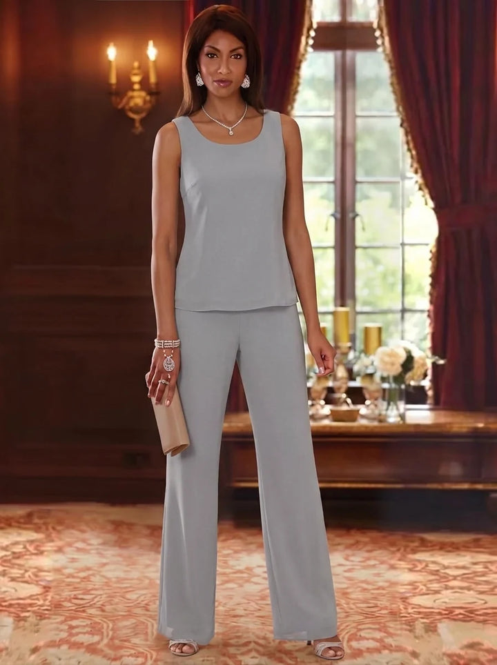 3 Pieces Scoop Chiffon Mother of the Bride Pantsuits with Jacket Long Sleeves Floor-Length Ruffles
